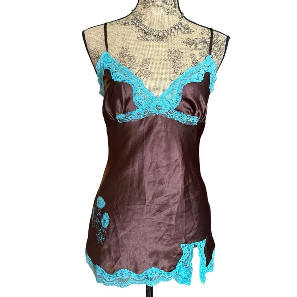 Y2K Brown & Blue Satin Cami with Lace Trim Size S